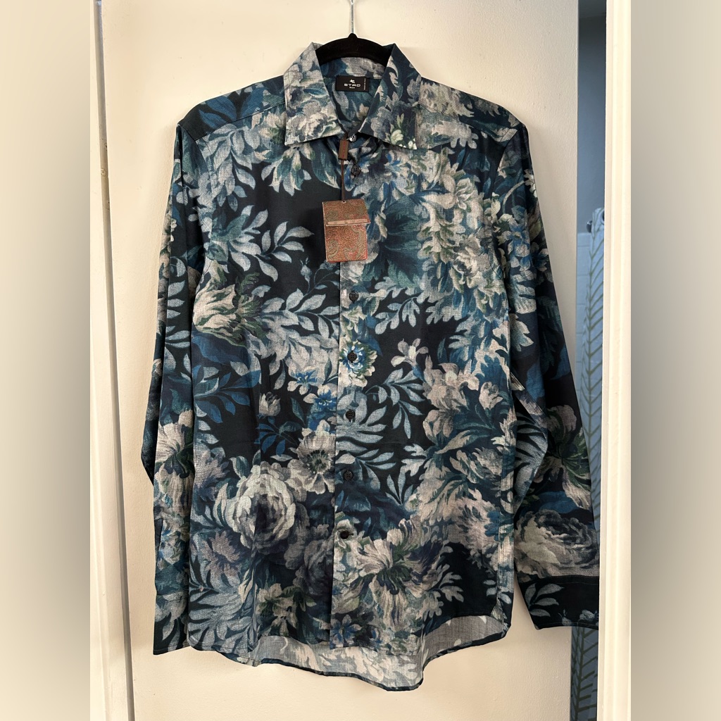 Nwt $470 Etro Men's Blue Floral Button Down Shirt Casual Look Made In Italy 38 S